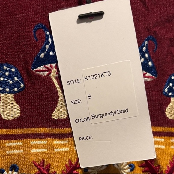 Mustard Burgundy Mushroom Polka Dot Vintage Cap Sleeve Retro Autumn Sweater - Picture 4 of 4